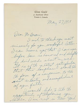 GOULD, GLENN. Autograph Letter Signed, to the son of composer Ferruccio Busoni, Rafaello,